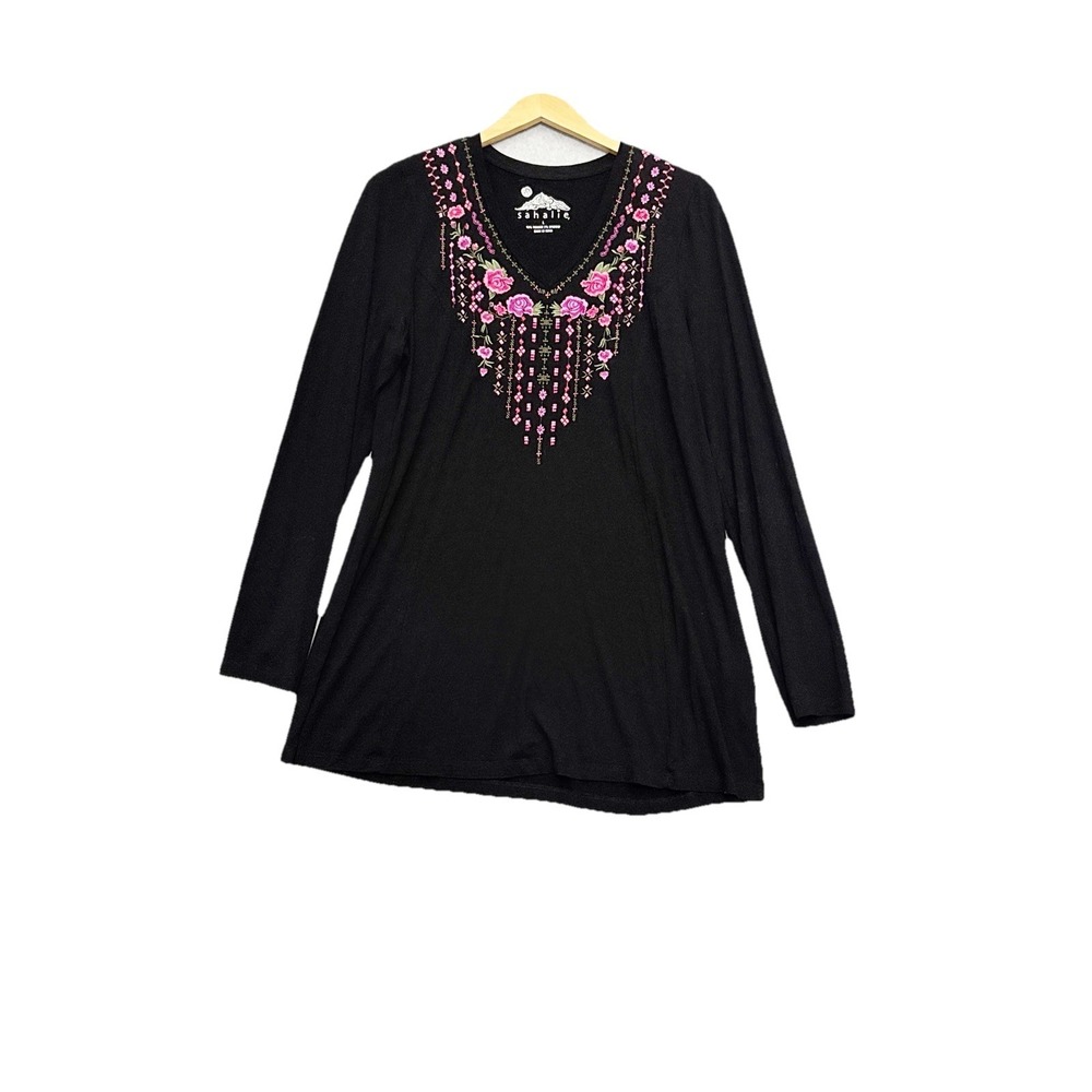 SAHALIE Womens Embroidered Top Size Large Black Bohemian Hippie Gypsy Long Slv - Picture 1 of 6